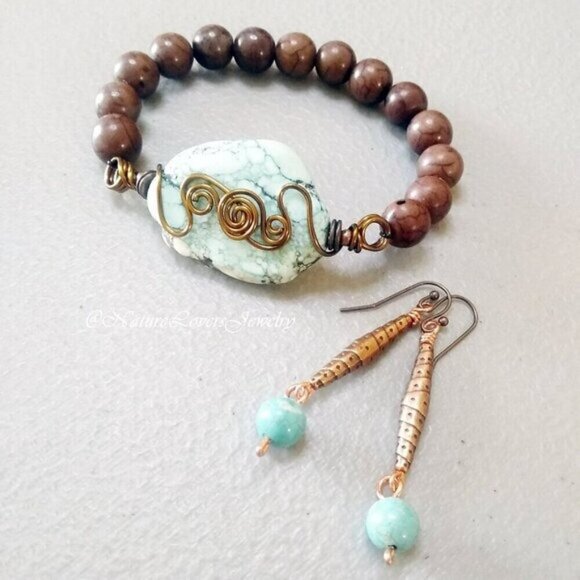 Gift Set: Beaded Bracelet & Earrings ~ Copper & Turquoise Howlite - Southwestern - Picture 8 of 13